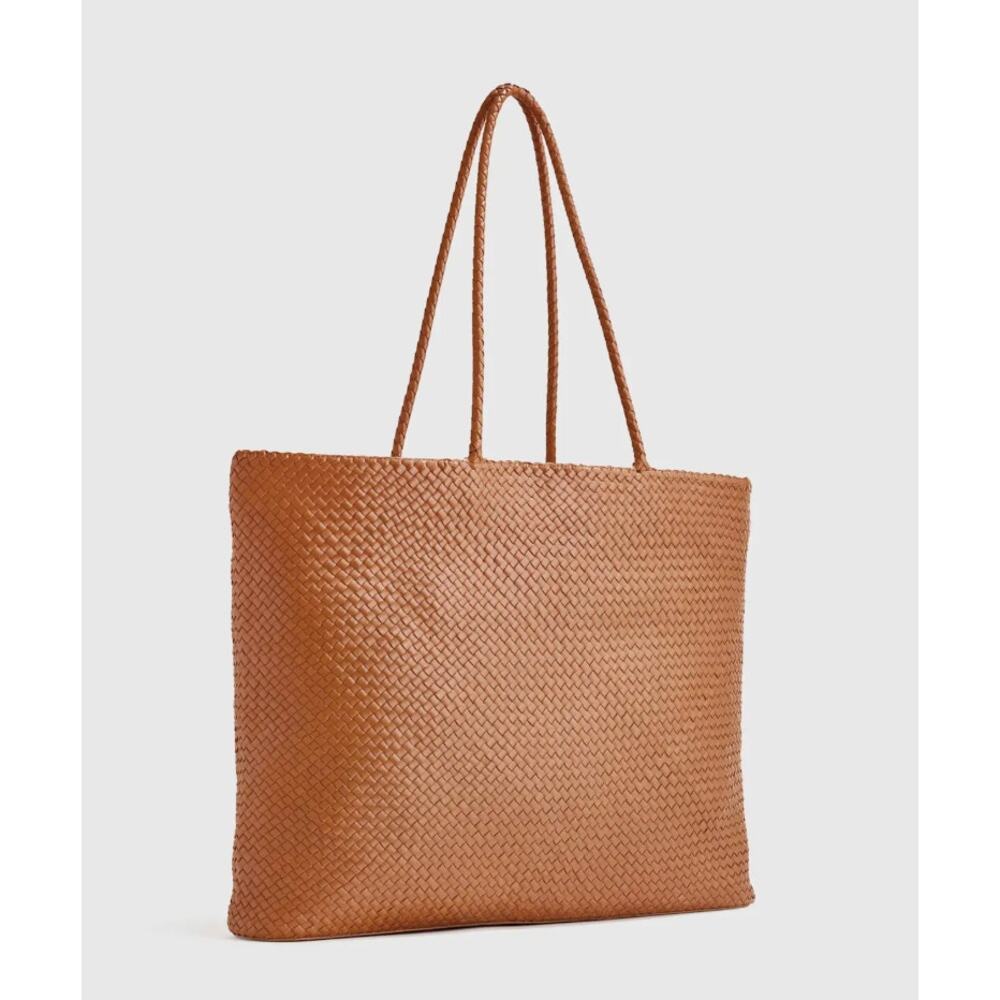 Quince Woven Leather Crossbody Tote in Cognac